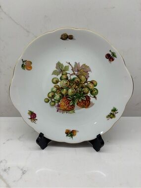 Vintage Bohemia Classic White Porcelain Fruit Motif Serving Plate with Gold Trim